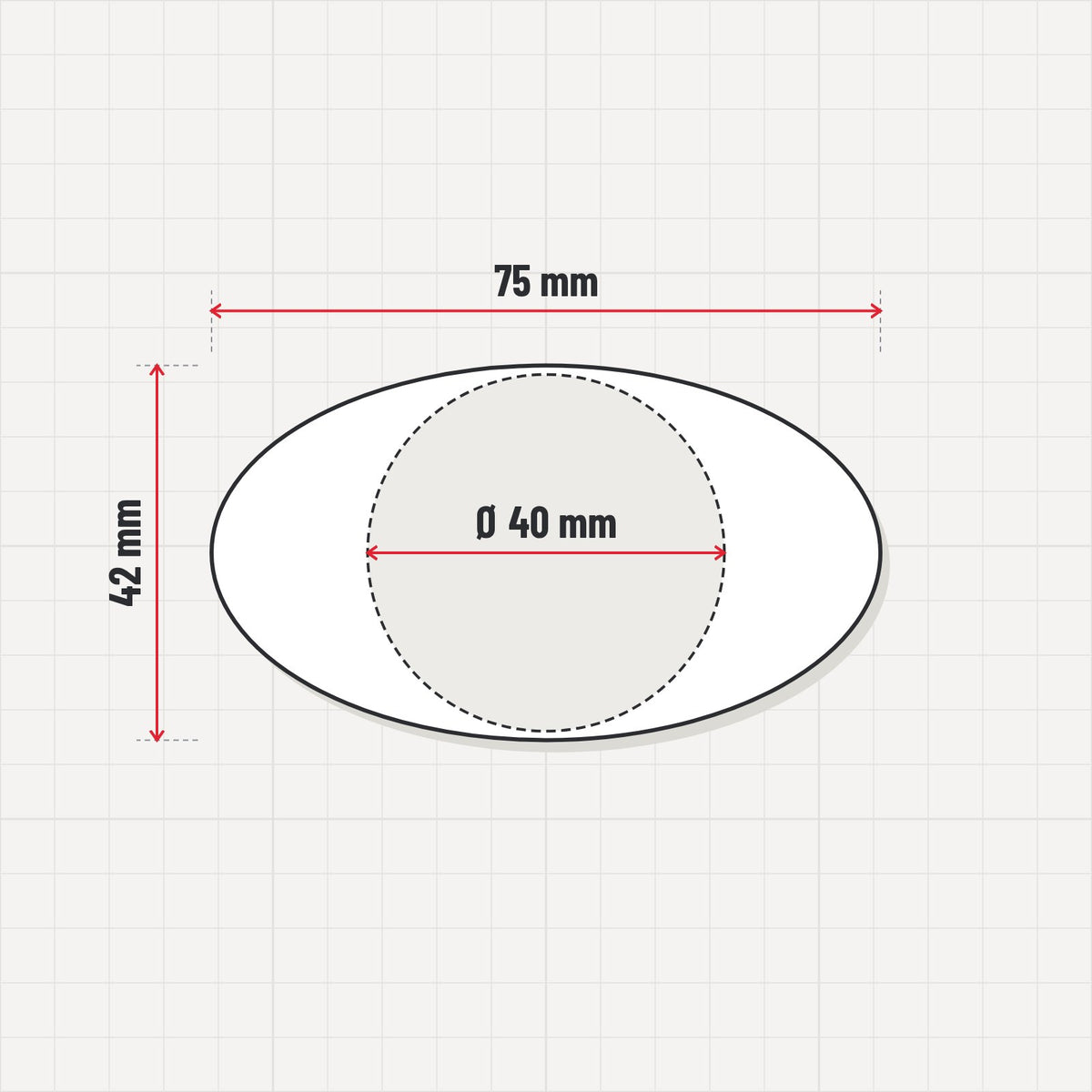 Dibujo ilustrativo: Adaptador de peana redonda de 40 mm a ovalada 75x42 mm