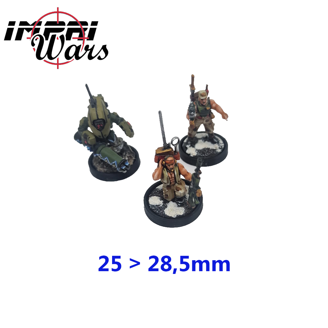 Ejemplo de miniaturas pintadas sobre adaptadores de peana redonda de 25 a 28,5 mm.