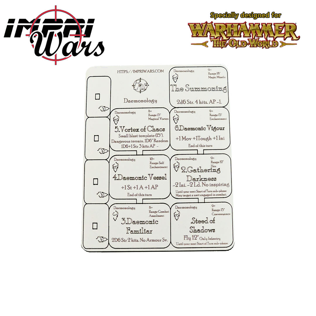 Plancha de tokens de magia del saber Demonología para The Old World.
