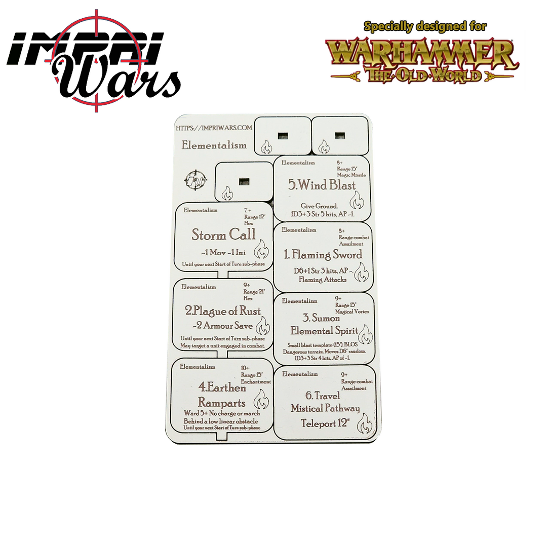 Plancha de tokens de magia del saber Elementalismo para The Old World.