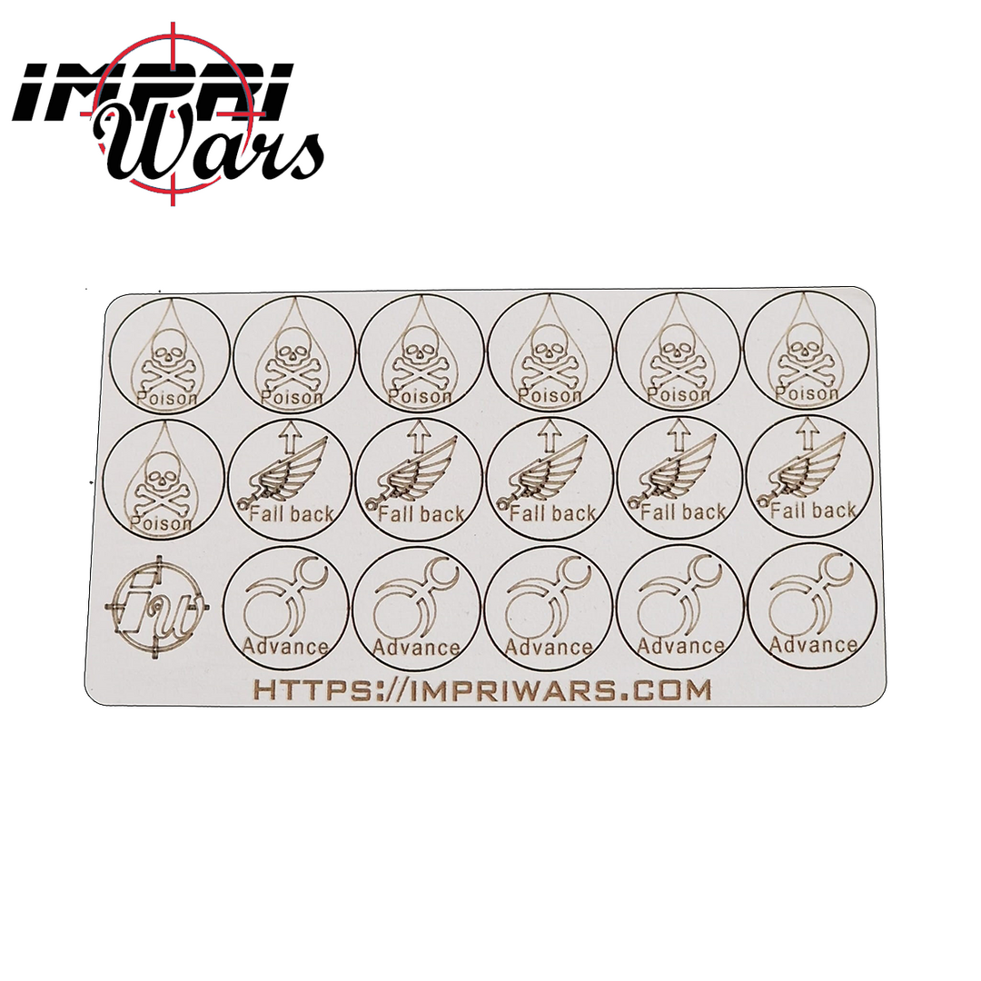 Plancha de tokens de Hijos del Emperador con marcadores circulares grabados.