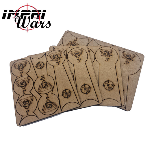 Cinco planchas de tokens de movimiento de DM para Kill Team dispuestas en abanico.
