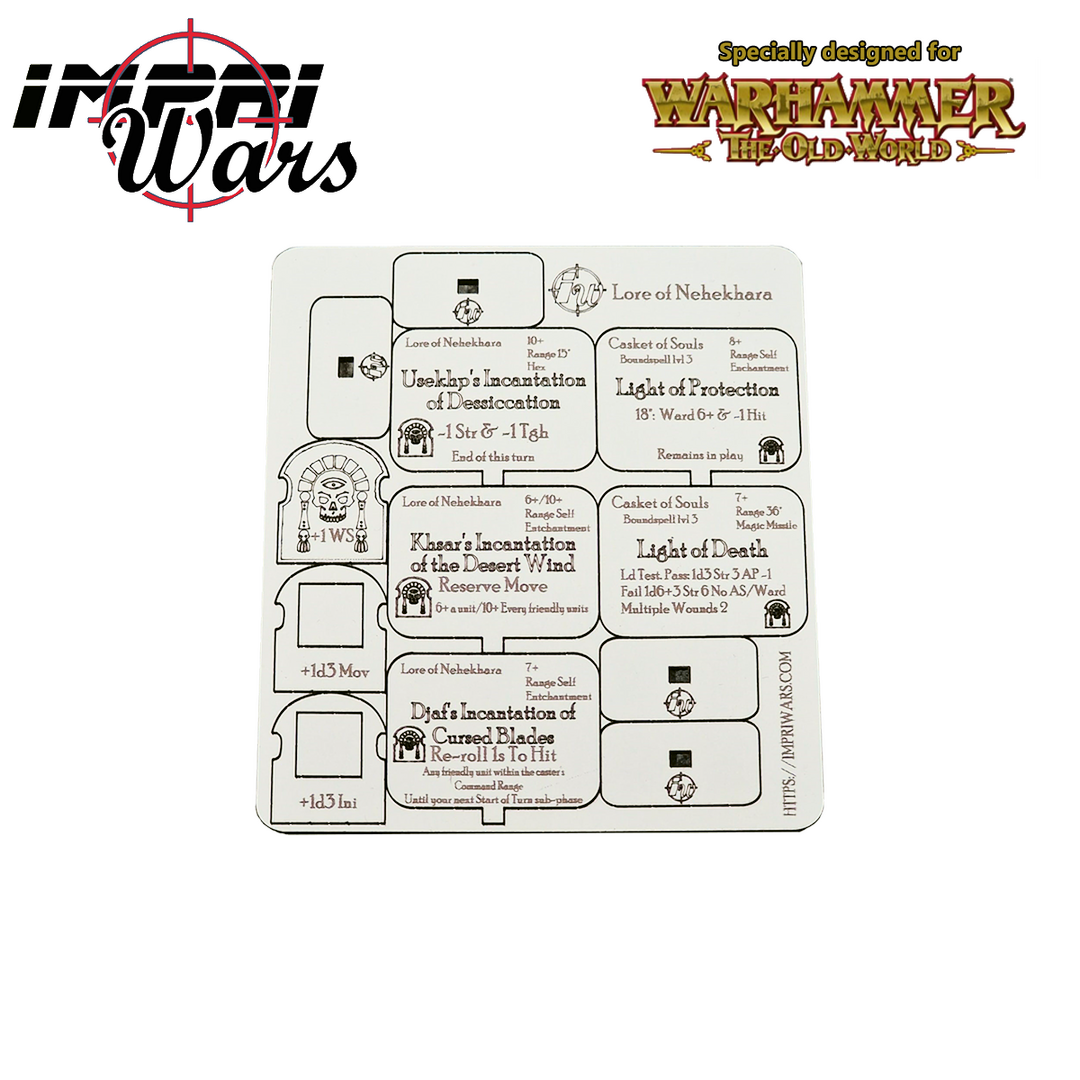 Plancha de tokens de magia del Saber de Nehekhara para The Old World.