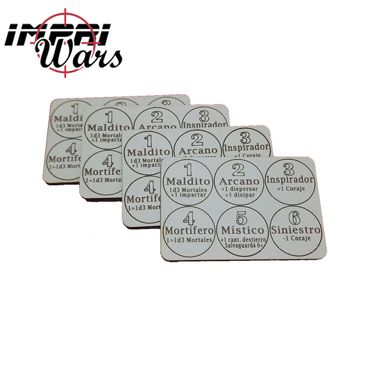Cuatro planchas de tokens de terreno de Age of Sigmar con nombres grabados.