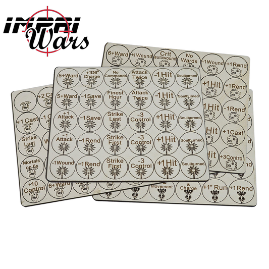 Varias planchas de tokens de DM con marcadores redondos grabados.