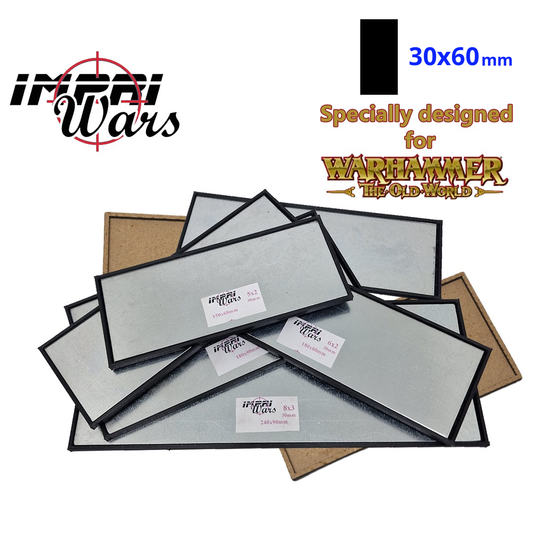 Portada de ImpriWars: bandejas imantadas largas apiladas sobre dos bandejas de DM, con el lema «Specially designed for Warhammer: The Old World» y el símbolo de la peana de 30×60 mm.
