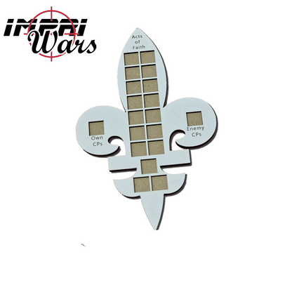 Consola de dados blanca con forma de flor de lis, con casillas para los dados y para los puntos de mando.