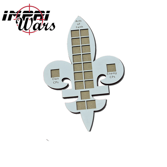 Consola de dados blanca con forma de flor de lis, con casillas para los dados y para los puntos de mando.