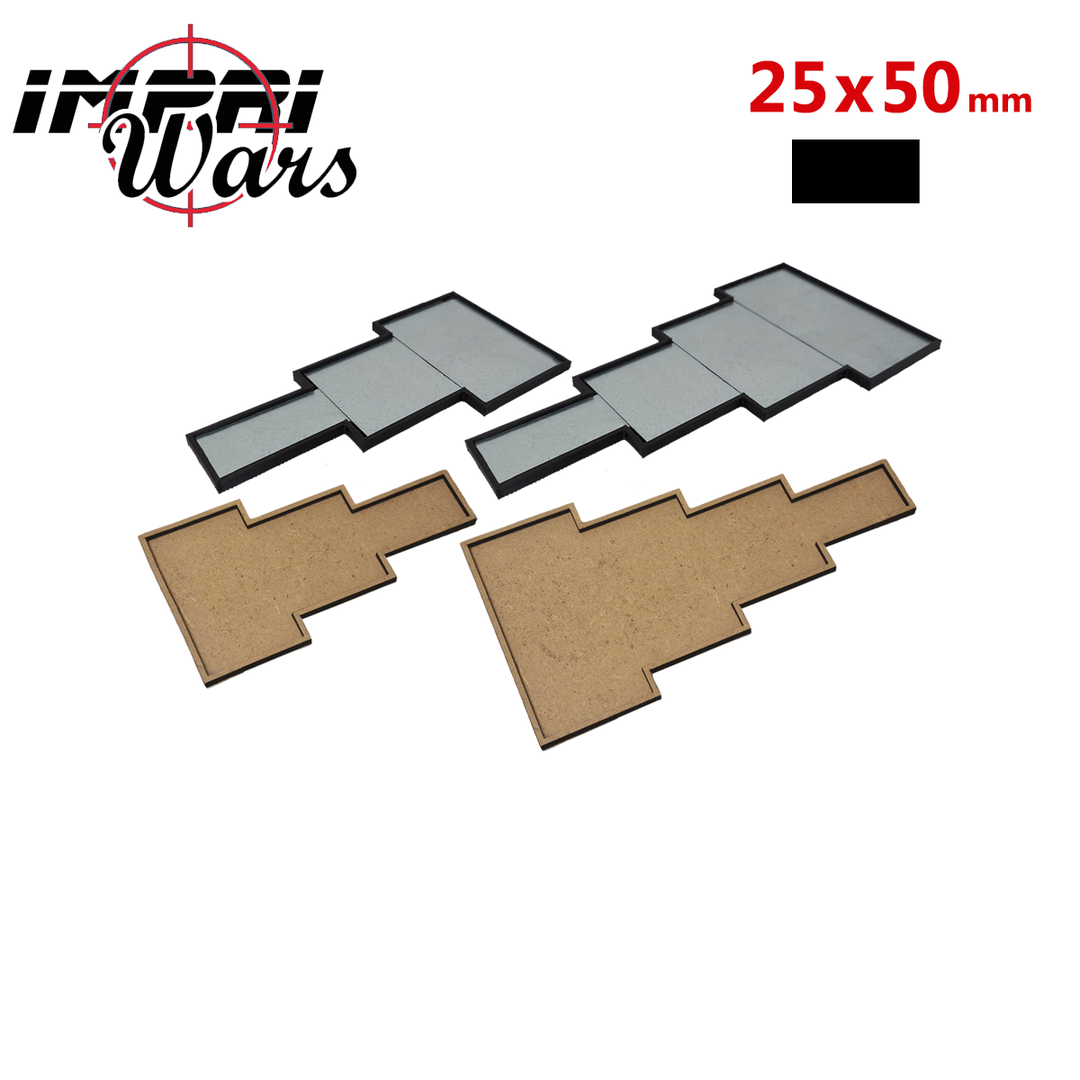 Bandejas en formación de lanza para peanas de 25x50 mm: dos de DM y dos imantadas con chapa metálica.