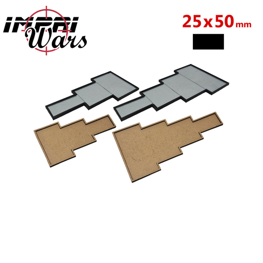 Bandejas en formación de lanza para peanas de 25x50 mm: dos de DM y dos imantadas con chapa metálica.