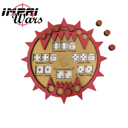 Consola circular roja de los Devoradores de Mundos con marcadores de Bendiciones de Khorne y Diezmo de Sangre.