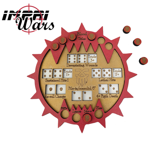 Consola circular roja de los Devoradores de Mundos con marcadores de Bendiciones de Khorne y Diezmo de Sangre.