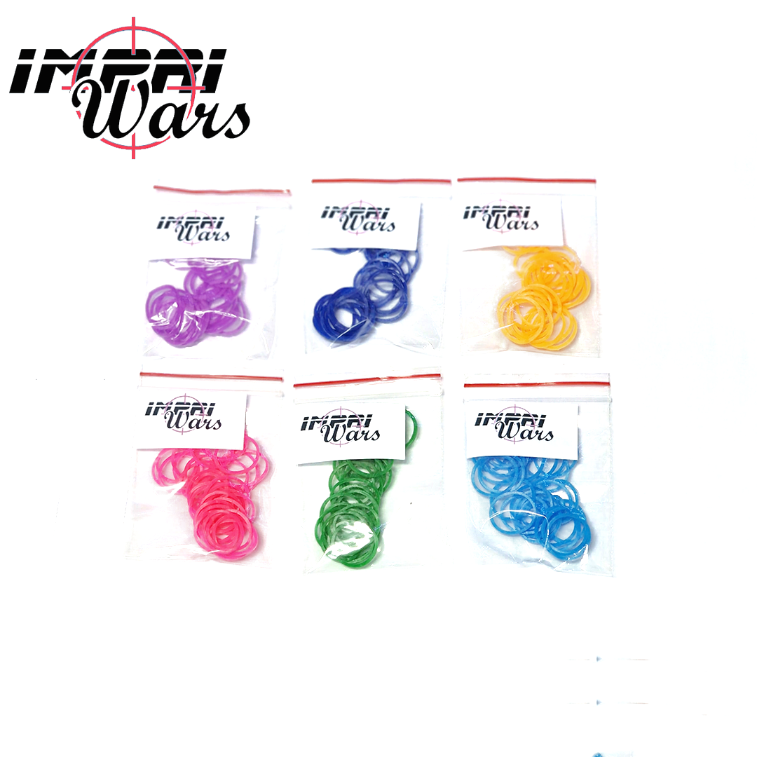 Seis bolsas de gomitas marcadoras de unidad en colores morado, azul, amarillo, rosa, verde y celeste.