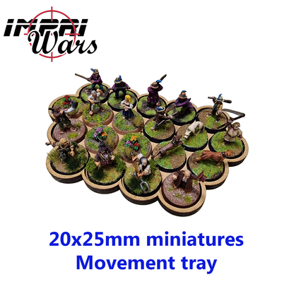 Bandeja de movimiento de DM con veinte miniaturas sobre peanas redondas de 25 mm.