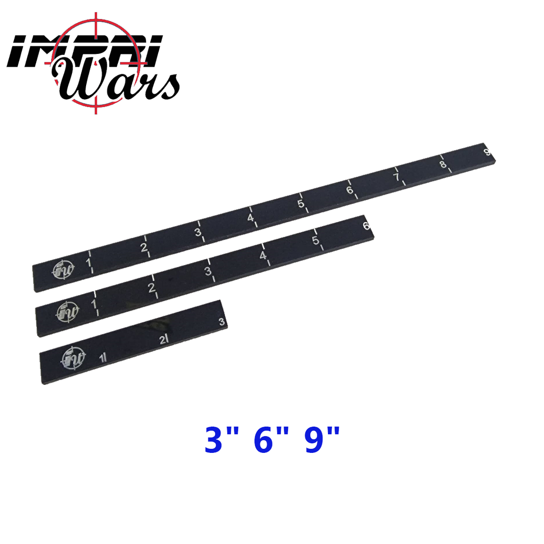 Tres reglas rectas negras de metacrilato de 3, 6 y 9 pulgadas con marcas blancas.