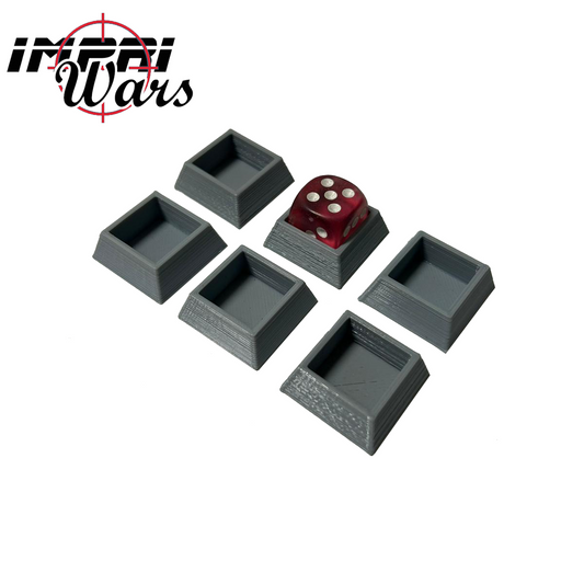 Seis portadados grises para dados de 16 mm, uno con un dado rojo colocado.