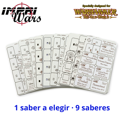 Las 9 planchas de tokens de magia para The Old World en abanico: eliges un saber.