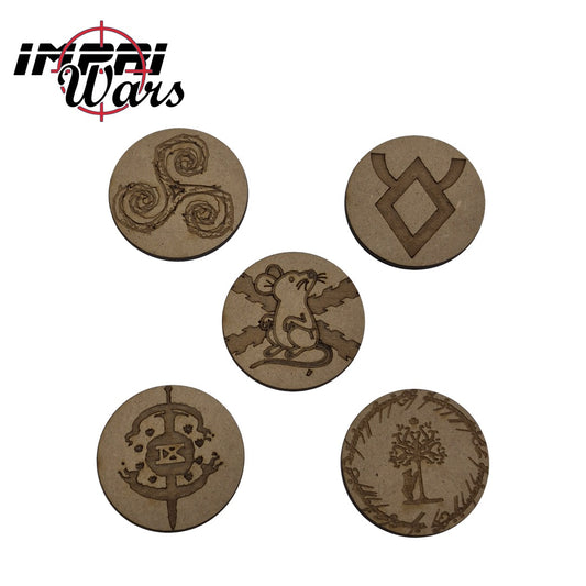 Cinco tokens de objetivo de 40 mm en DM con diseños personalizados grabados con láser