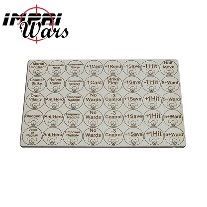 Plancha de tokens de los Osiarcas con marcadores redondos y símbolos grabados.