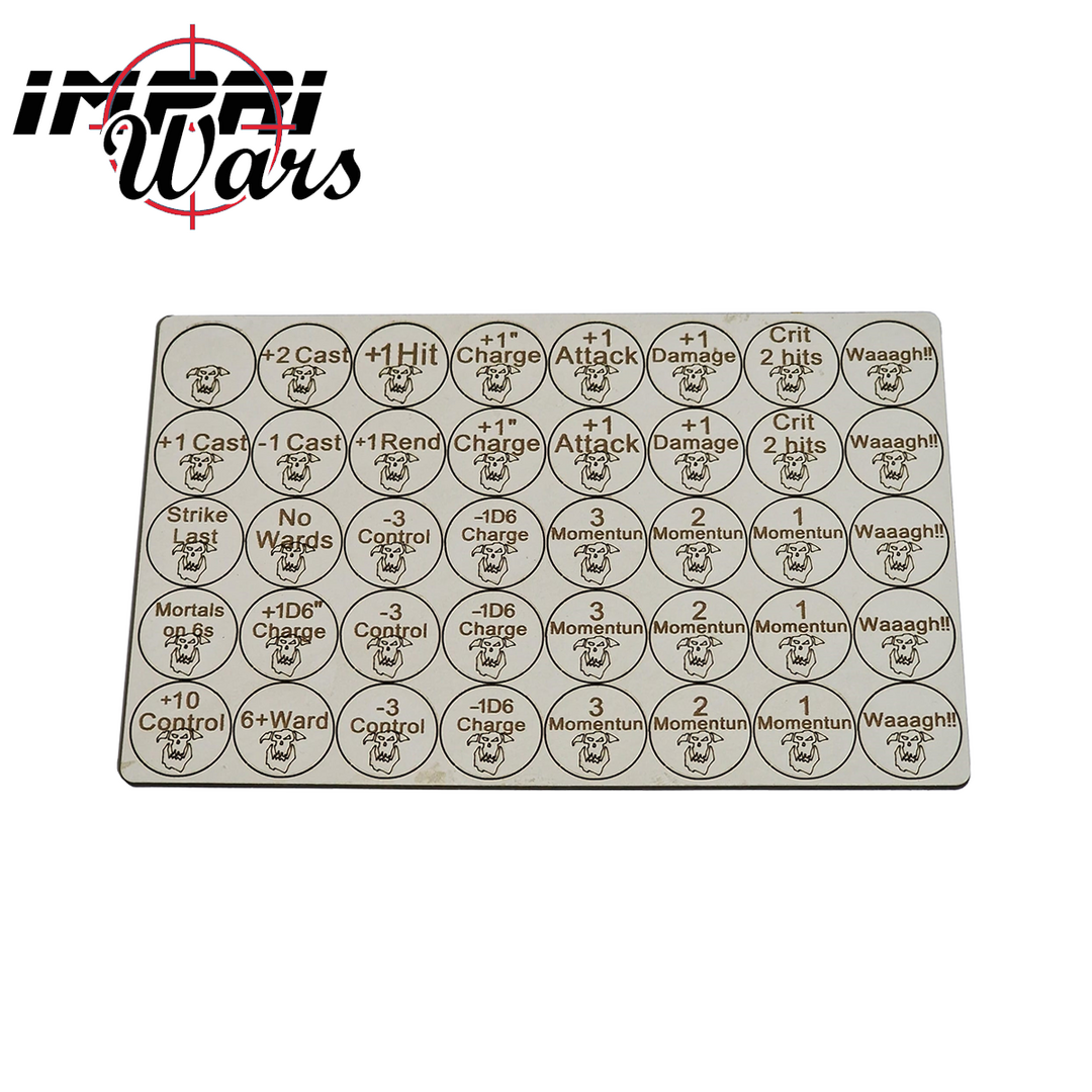 Plancha de tokens de DM de los Orruks con muchos marcadores redondos grabados.