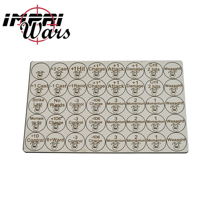Plancha de tokens de DM de los Orruks con muchos marcadores redondos grabados.